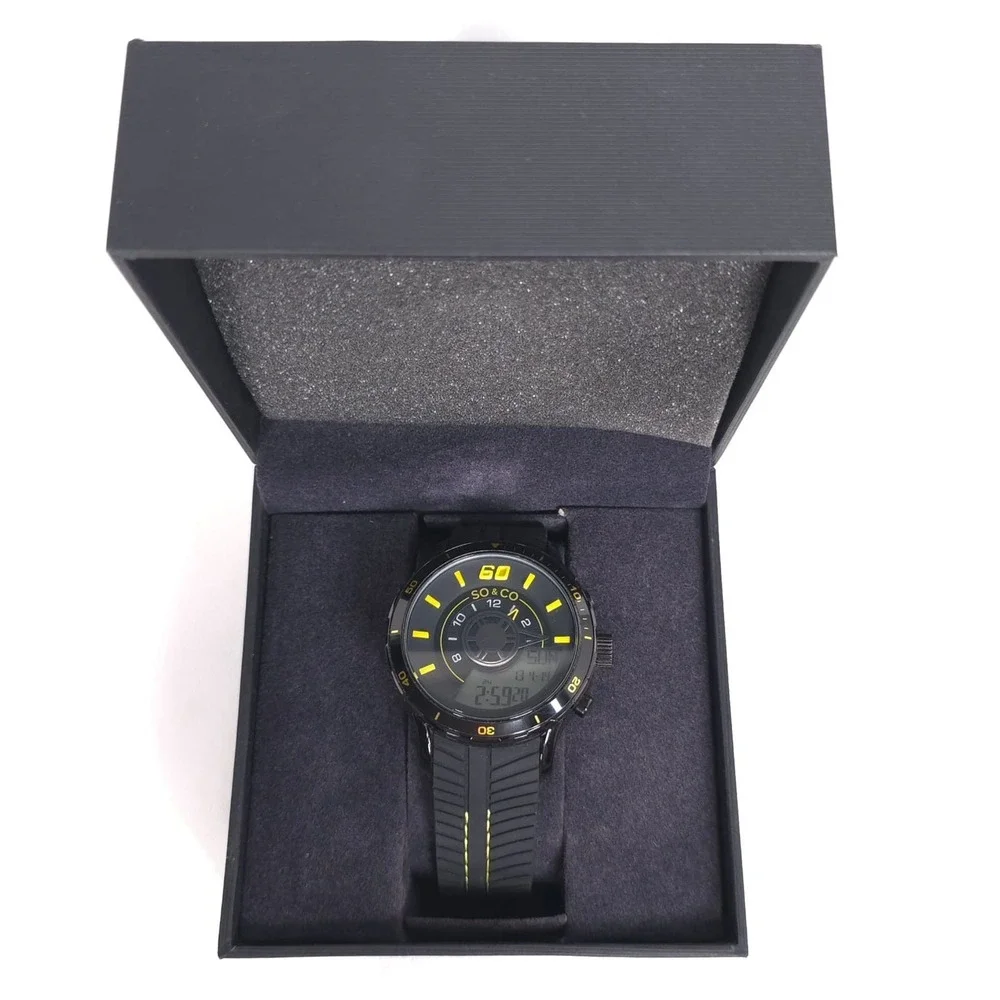 SO & CO NY New Mens Watch Analog Digital Black Yellow Sport 100M Water Resistant